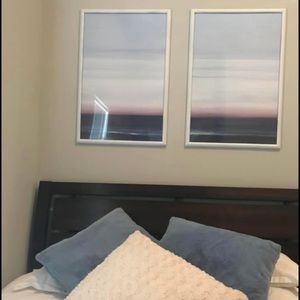 2 ocean blue prints & matching 2 blue pillows